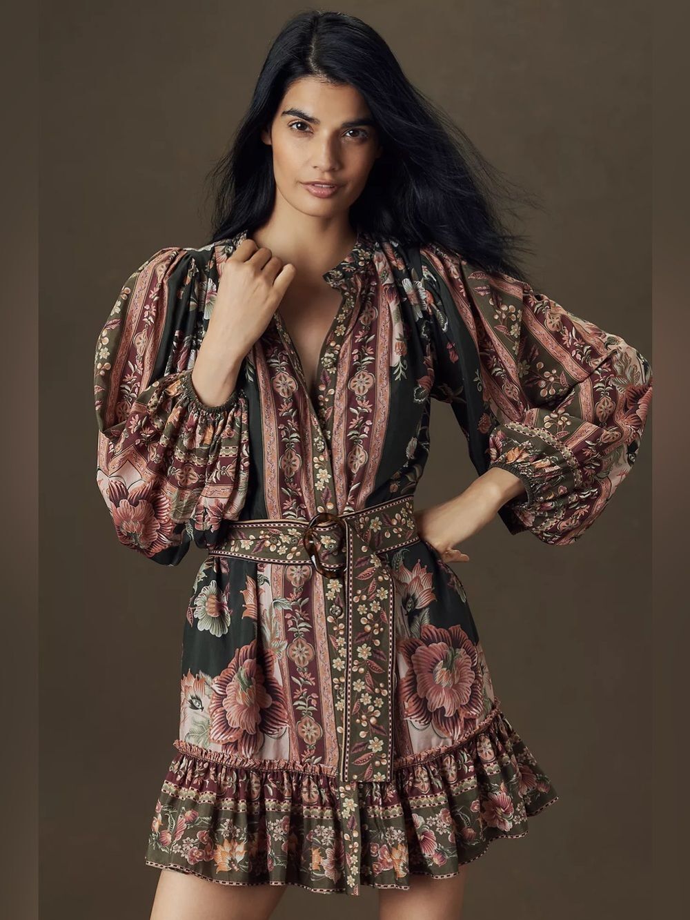 Farm Rio Belted Puff-Sleeve Mini Dress Size L